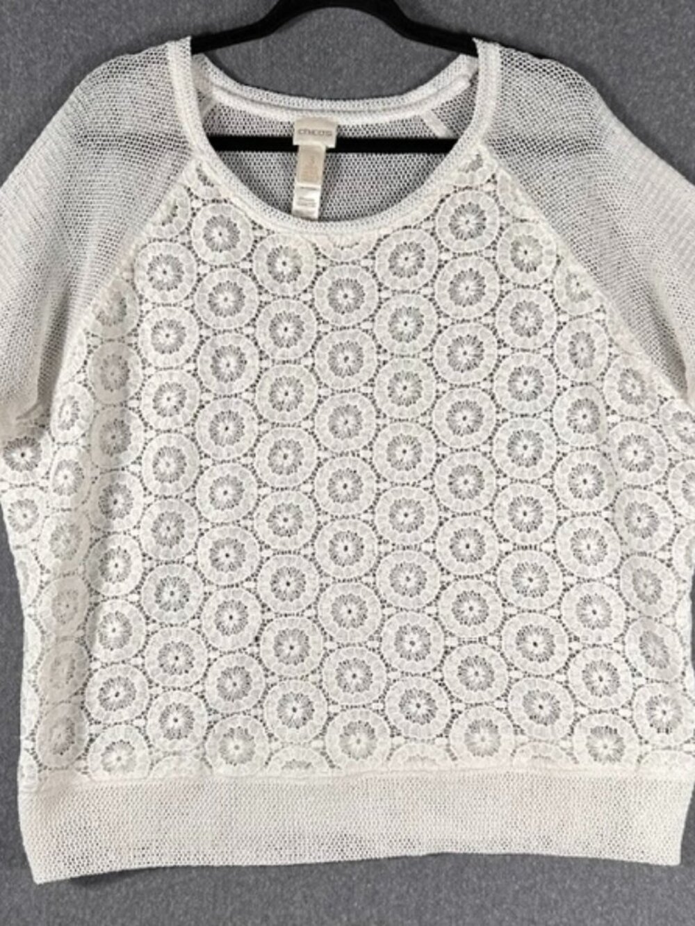 Chico's Crochet Sheer Floral Mesh Medallion Blouse Womens Sz 3 (US16) White S/S